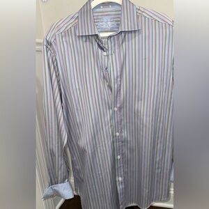 Men’s Bugatchi button down dressy shirt. Bright stripes with cuffs. Size Large